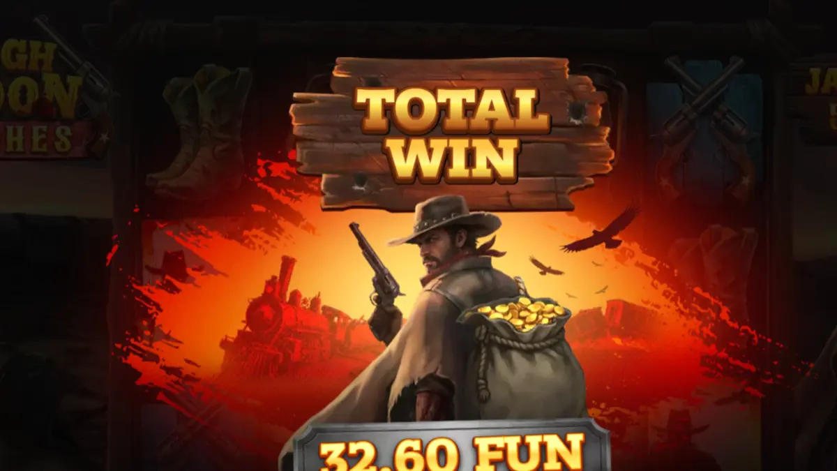 Cena de um duelo no Velho Oeste com elementos de caça-níqueis High Noon Riches